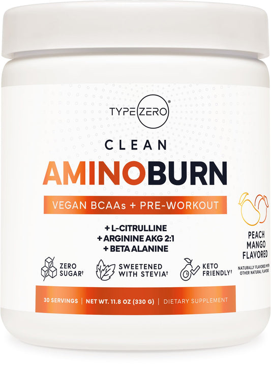 Type Zero AminoBurn - Natural Pre Workout + BCAA (Peach Mango | 30serv) Sugar Free BCAAs Amino Acids Supplement Keto and Amino Preworkout and Post Workout Drink Type ZeroBuy Supplements Australia