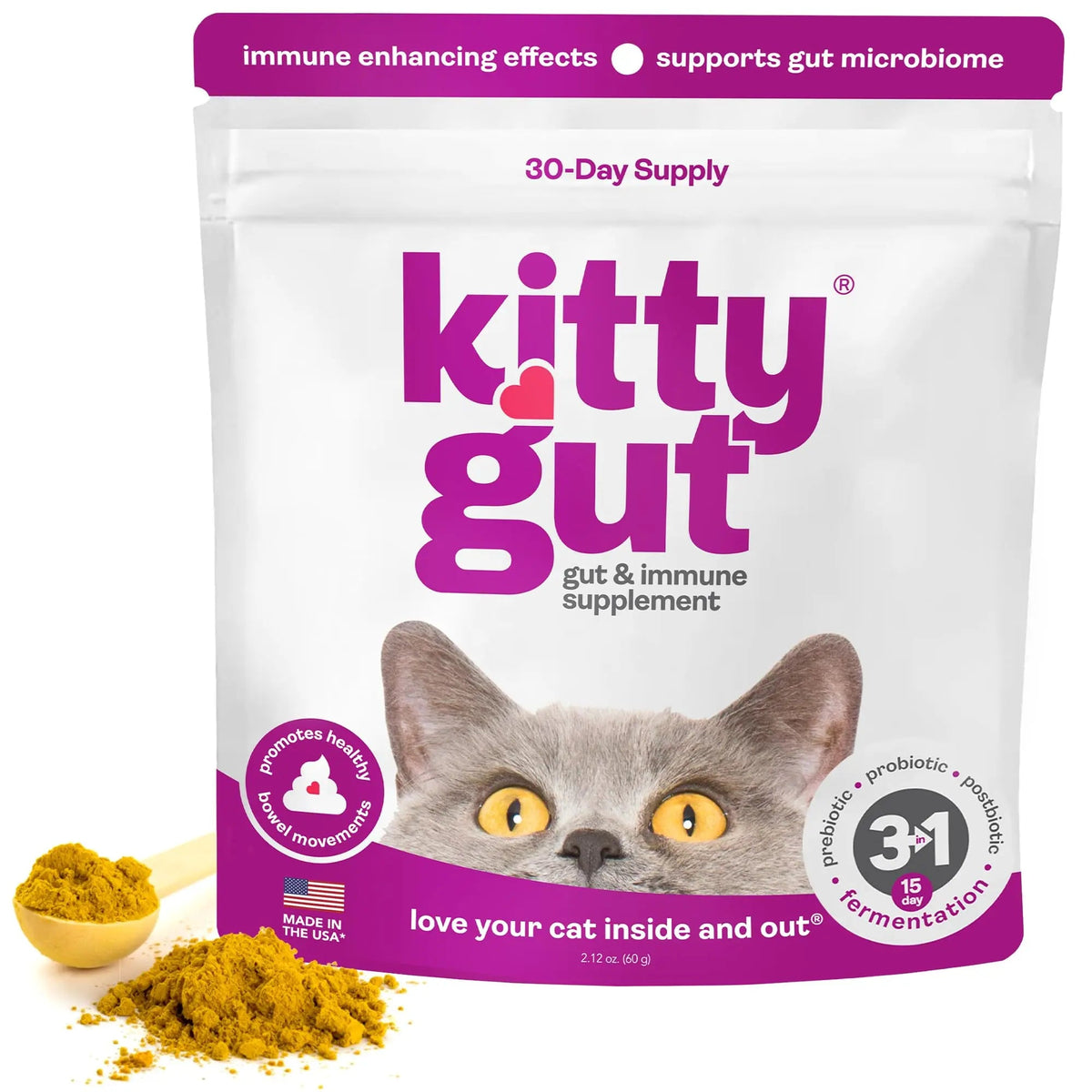 KittyGut 3-in-1 Organic Cat Probiotics & Postbiotic Supplement Powder- Made in USA-Probiotics for Cats Promote Gut Health and Cat Digestive Support, Diarrhea and Vomiting (60g) MUTTGUTBuy Supplements Australia