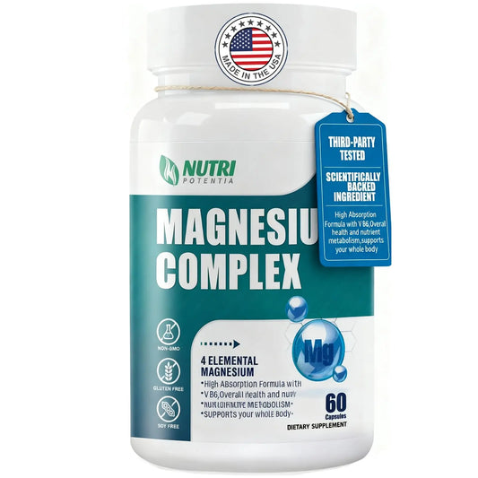 Supplement bottle labeled 'Magnesium Complex' by Nutri Potentia on a white background