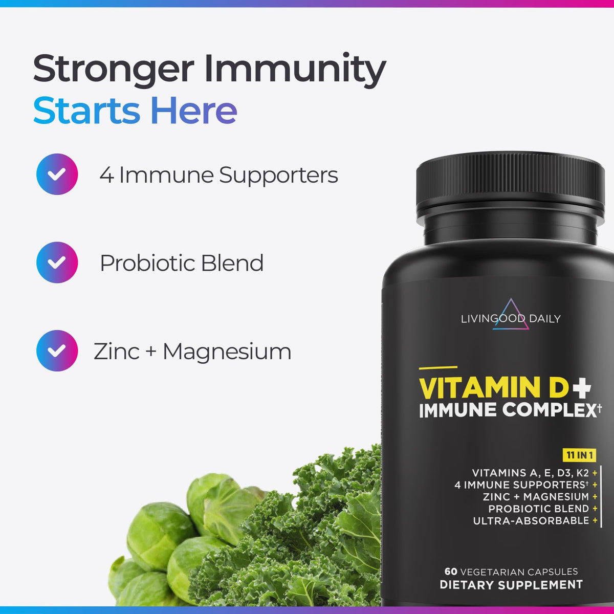 Livingood Daily Vitamin D3 K2 4000 IU Supplement, 9-in-1 Dietary Supplement for Immune Support - Made with Vitamins D, A, E, K2, Zinc, Magnesium & Probiotic Blend