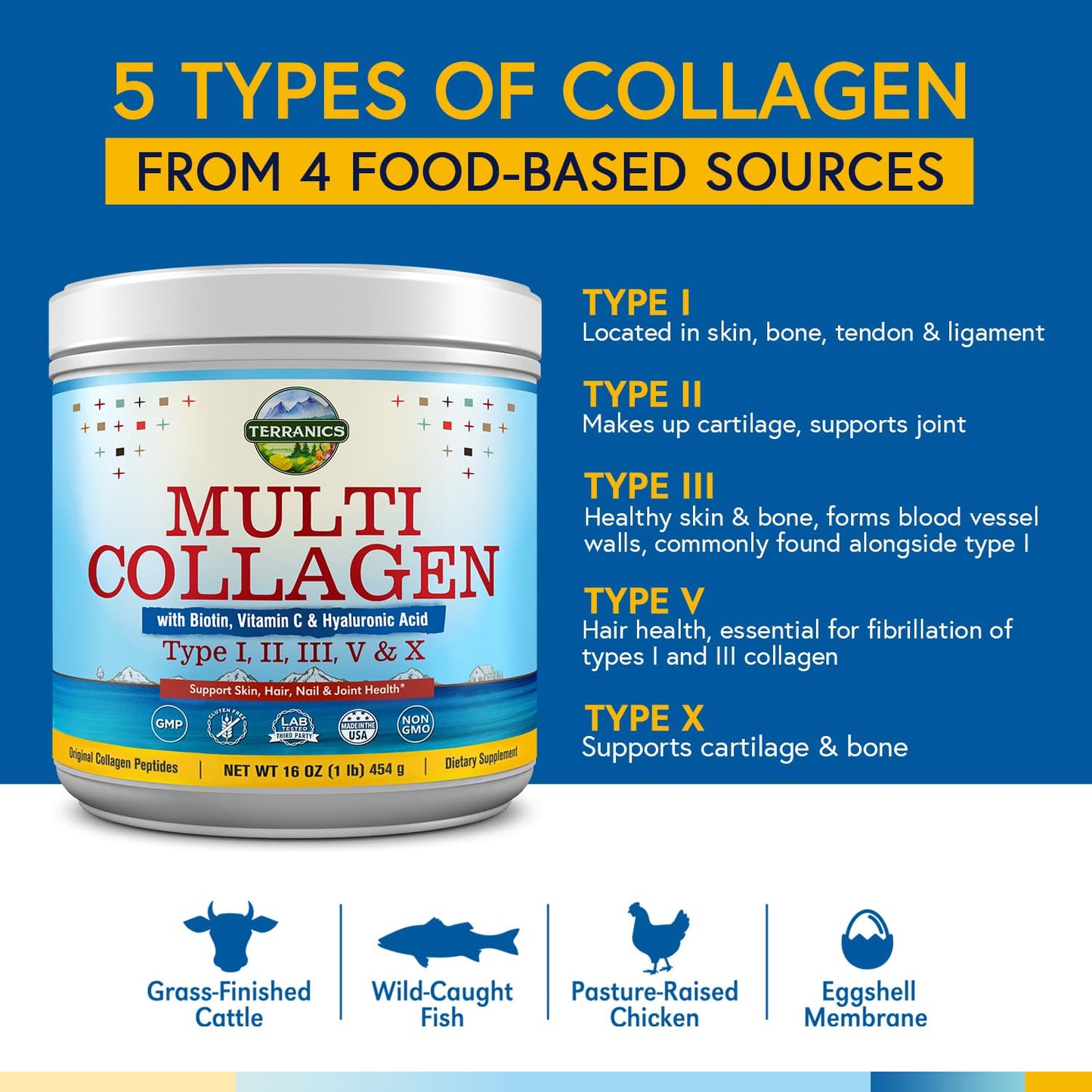 Terranics Multi Collagen Powder Type I II II V X with Biotin VC Hyaluronic Acid, Paleo TerranicsBuy Supplements Australia