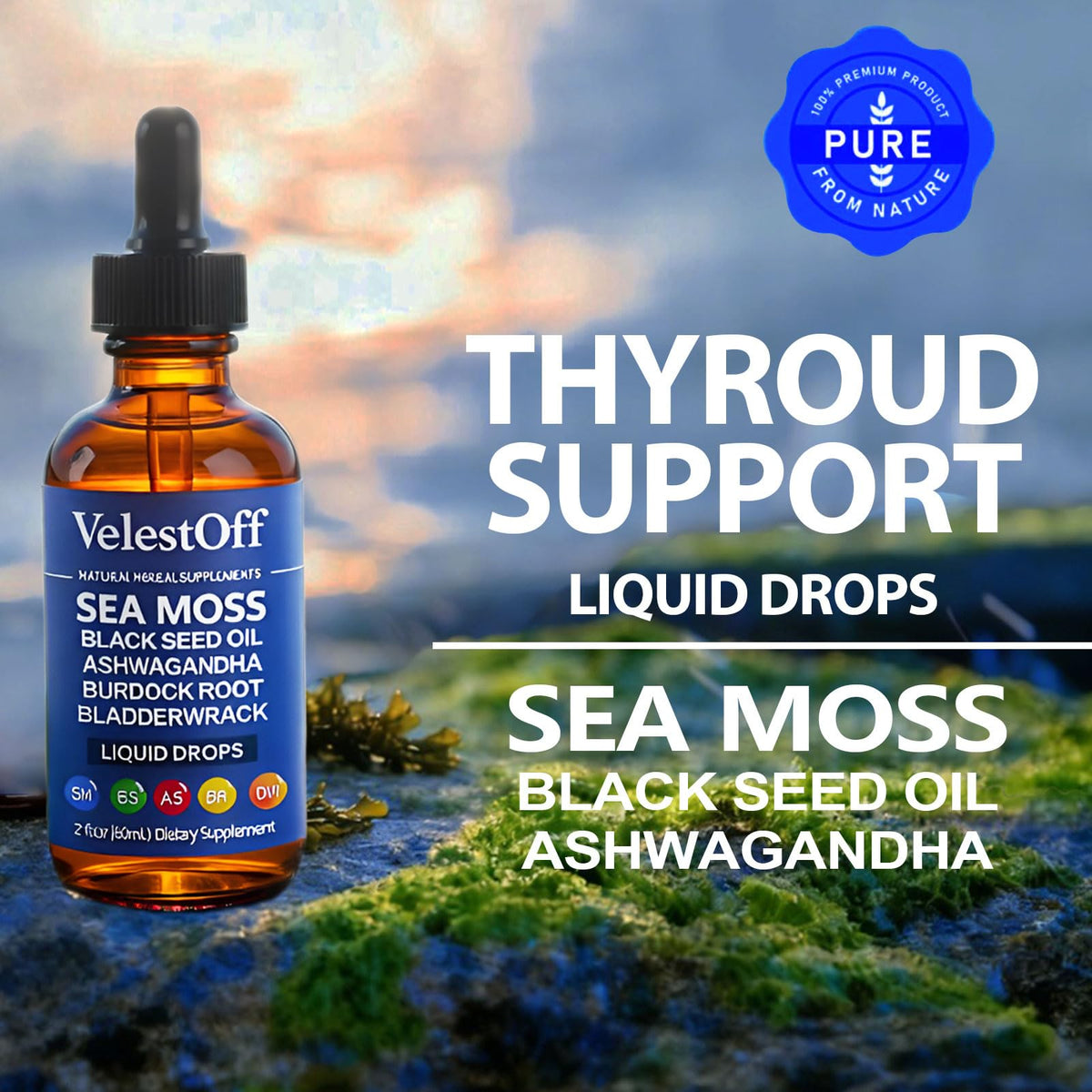 Velestoff Irish Seamoss Thyroid Hormone Regulator, Velestoff Thyroid Support Drops | Sea Moss, Black Seed Oil, Ashwagandha, Burdock Root, Bladderwrack, Hormone Balance & Support - 2 FL.OZ (1 Pcs) Velestoff buy supplements Au
