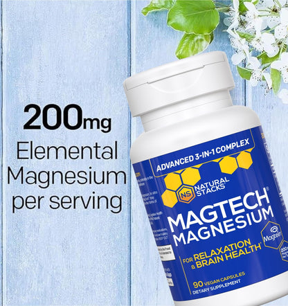 MagTech Magnesium Complex for Women & Men - 3 Forms of Magnesium: Glycinate, Magtein L-Threonate & Taurate - 200mg Chelated Complex