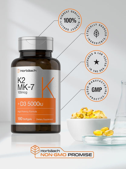 Horbäach Vitamin D3 K2 | 5000iu of Vitamin D & 100mcg MK-7 Complex | 180 Softgel Cap HorbäachBuy Supplements Australia