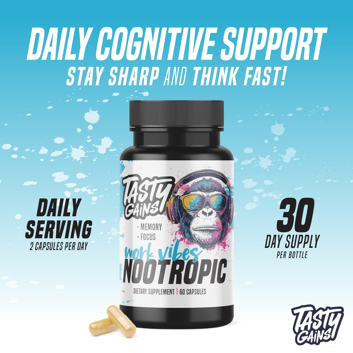 Nootropic Brain Supplement for Memory and Focus - Vitamin for Mental Health & Brain Health with L-Theanine, Rhodiola Rosea & Phosphatidylserine - Memory, Mental Clarity & Cognitive Improvement - 60 Ct TASTY GAINSBuy Supplements Australia
