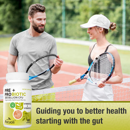 Ascuoli Probiotics for Women & Men - 300 Billion CFU, 24 Strains Probiotics + 15 Organic Herbs Blend, Daily Probiotic for Digestive Health,