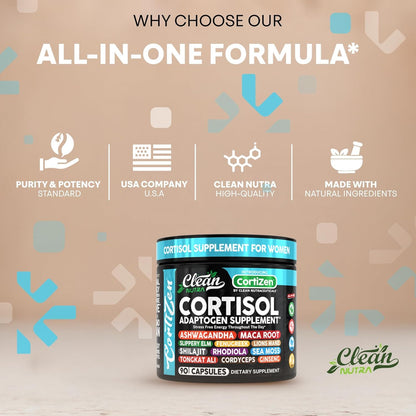 Clean Nutra Cortisol Supplements For Women | Maca Root Ashwagandha Cortisol Detox Manager Reducer + Slippery Elm Fenugreek Lions Mane Shilajit Rhodiola Sea Moss Tongkat Ali Cordyceps Ginseng Beet Root Clean NutraceuticalsBuy Supplements Australia