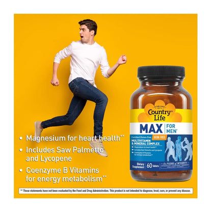 Country Life Max for Men, Multivitamin & Mineral complex, Iron-Free, Vegetarian Tablets, 60 Count, Certified Gluten Free, Certified Vegetarian Country Life