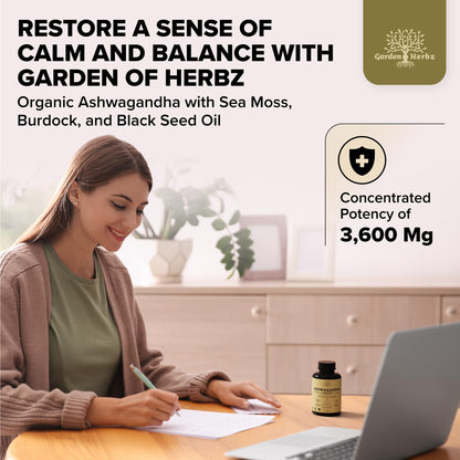 Garden of Herbz Organic Ashwagandha Root & Irish Sea Moss – 3,600 mg Ashwagandha Supplement with Black Seed Oil, & Burdock Root – Herbal Supplement for Energy, Calm, Mood, & Wellness, 120 Caps Garden of HerbzBuy Supplements Australia