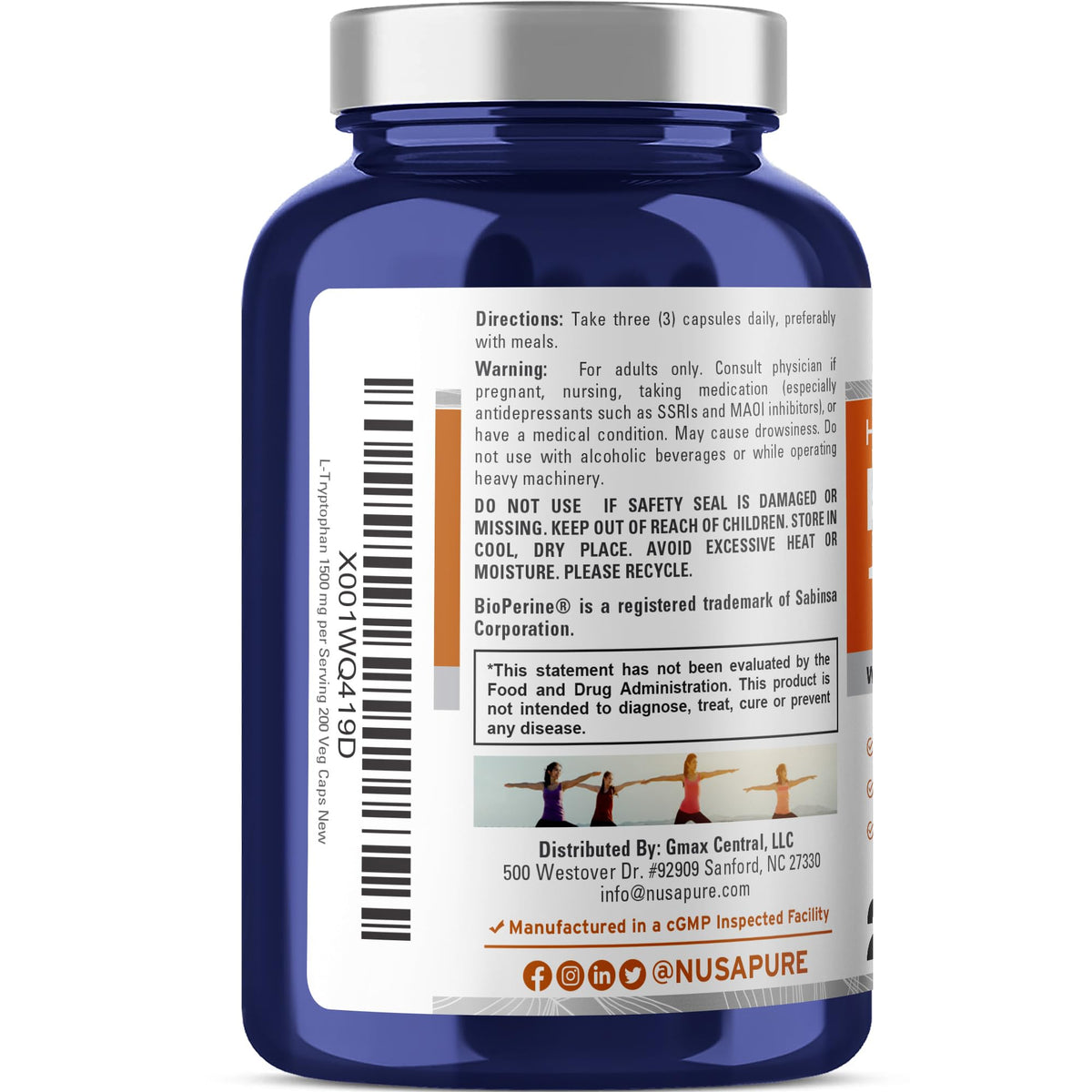 NusaPure L-Tryptophan - Suitable for Vegetarian/Vegan, Non - GMO - 1500mg 200 Capsules NusaPureBuy Supplements Australia