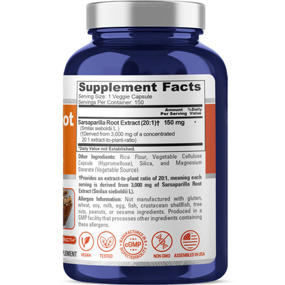NusaPure Sarsaparilla Root 20:1 Extract - Suitable for Vegetarian/Vegan, Non - GMO - 3000 mg - 150 Capsules NusaPureBuy Supplements Australia