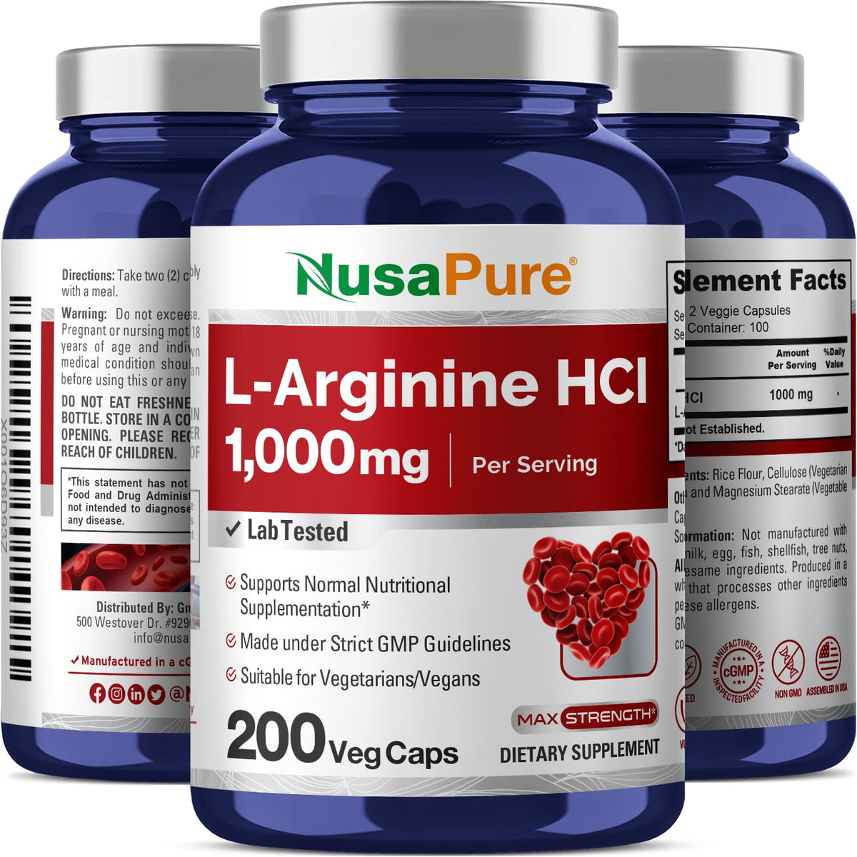 NusaPure L-Arginine 1000 mg 200 Veggie Capsules (Non-GMO, Vegetarian, Vegan) NusaPureBuy Supplements Australia