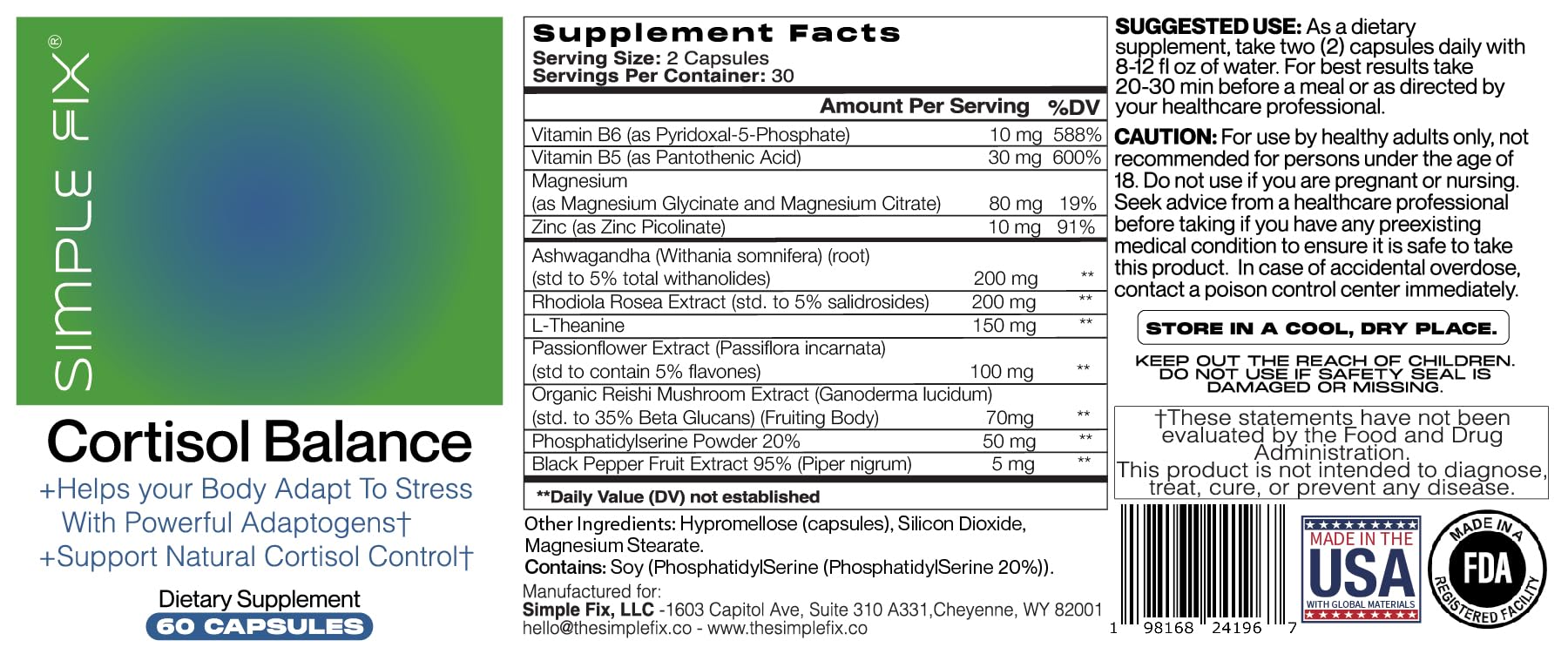 The Simple Fix Cortisol Balance Supplement – Supports Stress, Focus & Daily Energy – with Ashwagandha, Rhodiola Rosea, L-Theanine, Magnesium, Zinc & B6 – Adaptogen Formula – Vegan Capsules The Simple FixBuy Supplements Australia