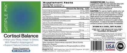 The Simple Fix Cortisol Balance Supplement – Supports Stress, Focus & Daily Energy – with Ashwagandha, Rhodiola Rosea, L-Theanine, Magnesium, Zinc & B6 – Adaptogen Formula – Vegan Capsules The Simple FixBuy Supplements Australia