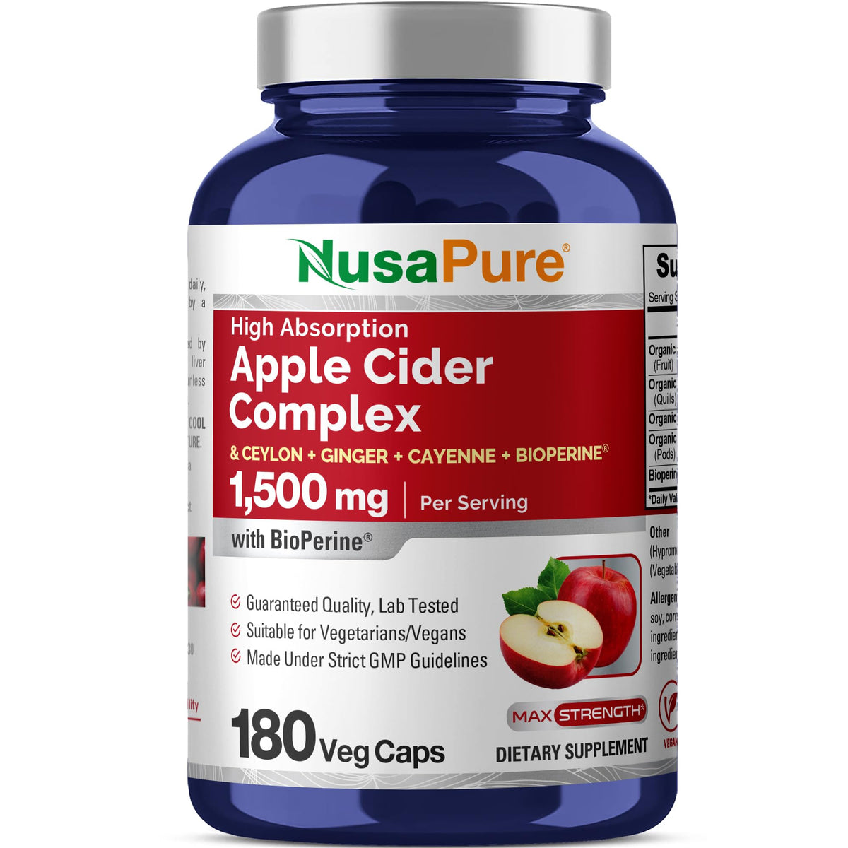 NusaPure Apple Cider Vinegar Complex 1500 mg 180 Veg Caps Suitable for Vegetarians and Vegans, Non-GMO NusaPureBuy Supplements Australia
