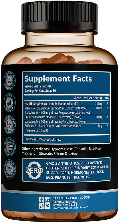NMNH Supplement (NMN Alternative) NAD Booster for Anti-Aging, Cellular Energy & Nice Skin- Dihydronicotinamide mononucleotide, Resveratrol, Quercetin & BioPerine® for Max Absorption- 60 caps Rainbow Nutrients, LLCBuy Supplements Australia