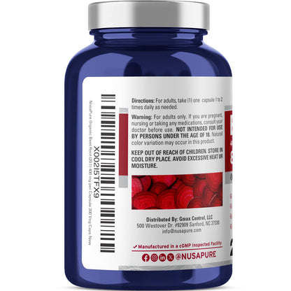 NusaPure Organic Beet Root 20:1 Extract, 400 mg Equivalent to 8,000 mg - Black Pepper 4:1 Extract, 10 mg - 200 Veggie caps (Vegan, Non-GMO) NusaPureBuy Supplements Australia