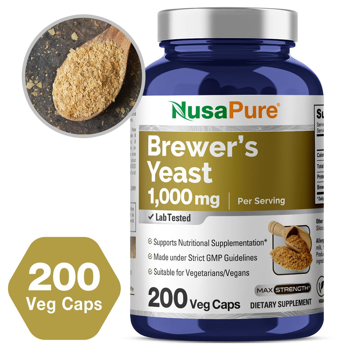 NusaPure Brewer’s Yeast - Suitable for Vegetarian/Vegan, Non - GMO - 1000mg 200 Capsules NusaPureBuy Supplements Australia