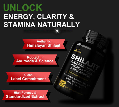 DLNIA 8-in-1 Shilajit for Men & Women with Ashwaganda Himalayan Organic Supplement with Rhodiola Rosea, Ginseng, Turmeric, Mushroom, for Immune Support, Energy, Calm, Focus, Clarity, Sleep, Cortisol DLNIABuy Supplements Australia