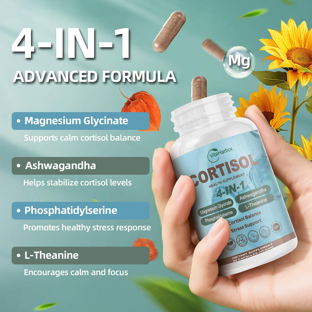 VitaHarbor Cortisol Supplement for Women and Men, 4-in-1 Cortisol Reducer with Magnesium Glycinate, Ashwagandha, Phosphatidylserine, L-Theanine, for Relaxation & Calm Support, 90 Veg Caps VitaHarborBuy Supplements Australia