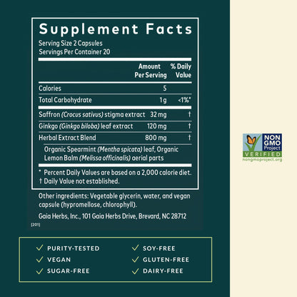 Gaia Herbs Nootropic Focus - Brain & Cognitive Support Supplement to Help Maintain Healthy Concentration* - with Saffron, Lemon Balm & Spearmint - 40 Liquid Phyto-Capsules (20 Servings) Gaia HerbsBuy Supplements Australia