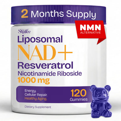 Supplement bottle labeled 'Liposomal NAD+ Resveratrol' with a gummy bear on a white background