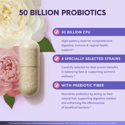 Probiotics for Women 50 Billion CFU - Vaginal Probiotics Clinically Proven for Yeast & pH Balance - Digestion & Bloating Relief - 8 Strains + Prebiotics - Delay Release - Made in USA, 30 Capsules NUTRAHARMONYBuy Supplements Australia