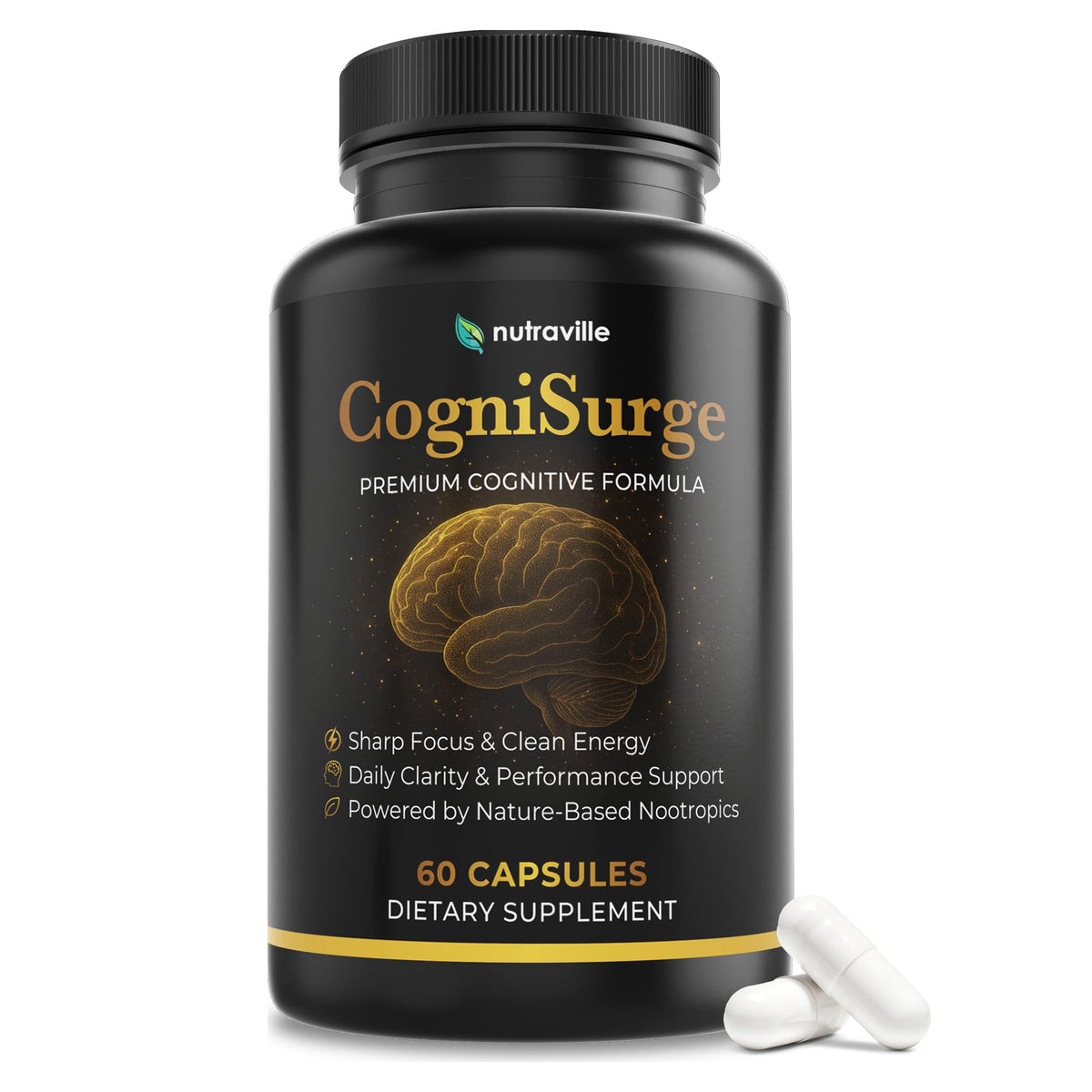 Nutraville CogniSurge Nootropics Brain Support Supplement for Memory and Focus - Nature-Powered Lion's Mane Supplement Capsules with Shilajit - No Caffeine or Stimulants - 30 Servings NutravilleBuy Supplements Australia
