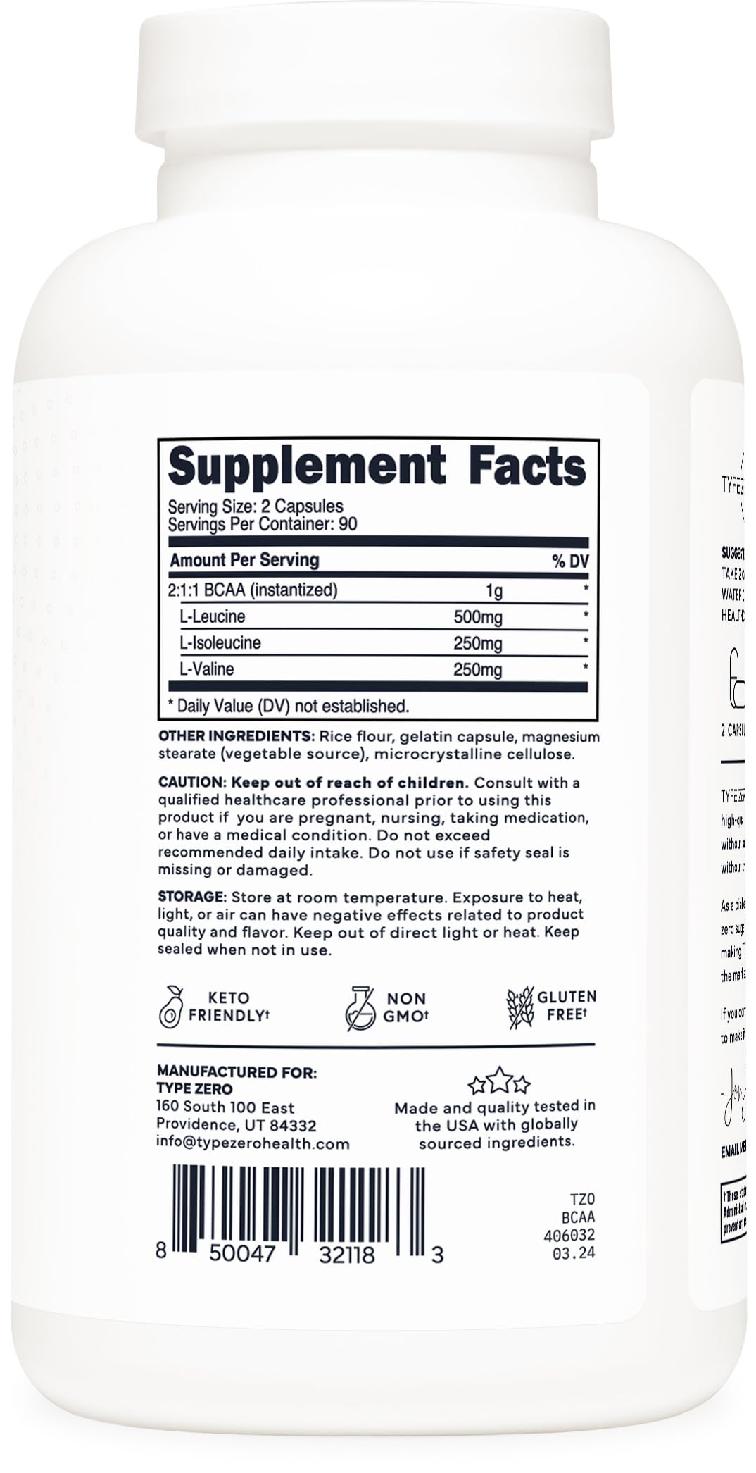 Type Zero BCAA 1000mg (180 Capsules, 90 Servings), Branched Chain Amino Acids (500mg of L-Leucine, 1000mg of L-Isoleucine and L-Valine) Type ZeroBuy Supplements Australia