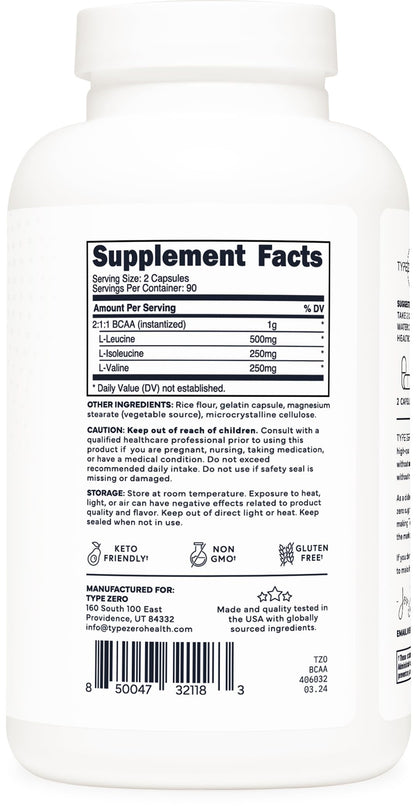 Type Zero BCAA 1000mg (180 Capsules, 90 Servings), Branched Chain Amino Acids (500mg of L-Leucine, 1000mg of L-Isoleucine and L-Valine) Type ZeroBuy Supplements Australia