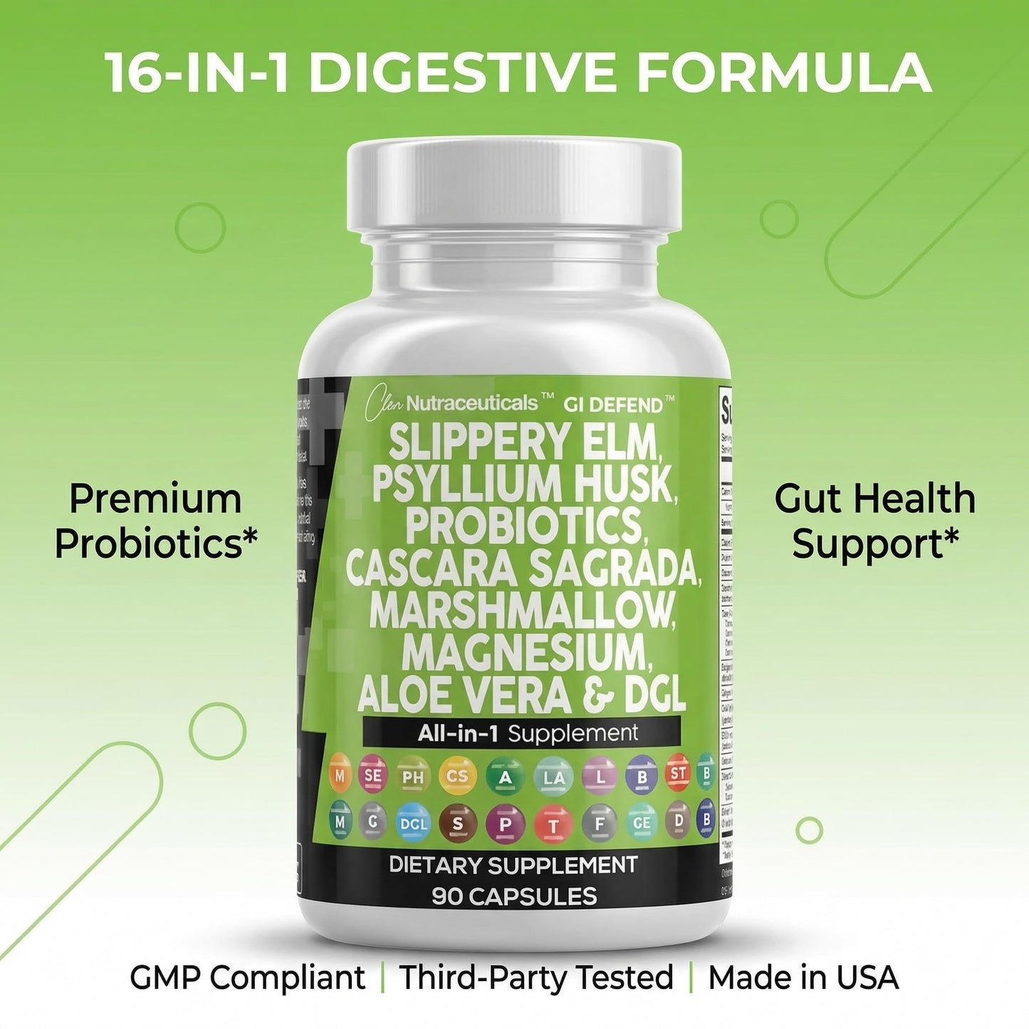 Clean Nutraceuticals Slippery Elm Psyllium Husk Pre Probiotic Digestive Gut Health Supplement with Aloe Vera Cascara Sagrada