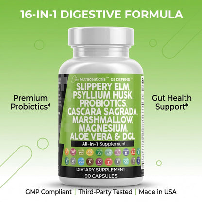 Clean Nutraceuticals Slippery Elm Psyllium Husk Pre Probiotic Digestive Gut Health Supplement with Aloe Vera Cascara Sagrada