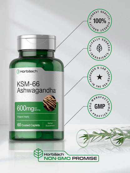 Horbäach KSM-66 Ashwagandha 600mg | with L-Theanine | 60 Coated Caplets | Vegan, Non-GMO, Gluten Free Complex Supplement HorbäachBuy Supplements Australia