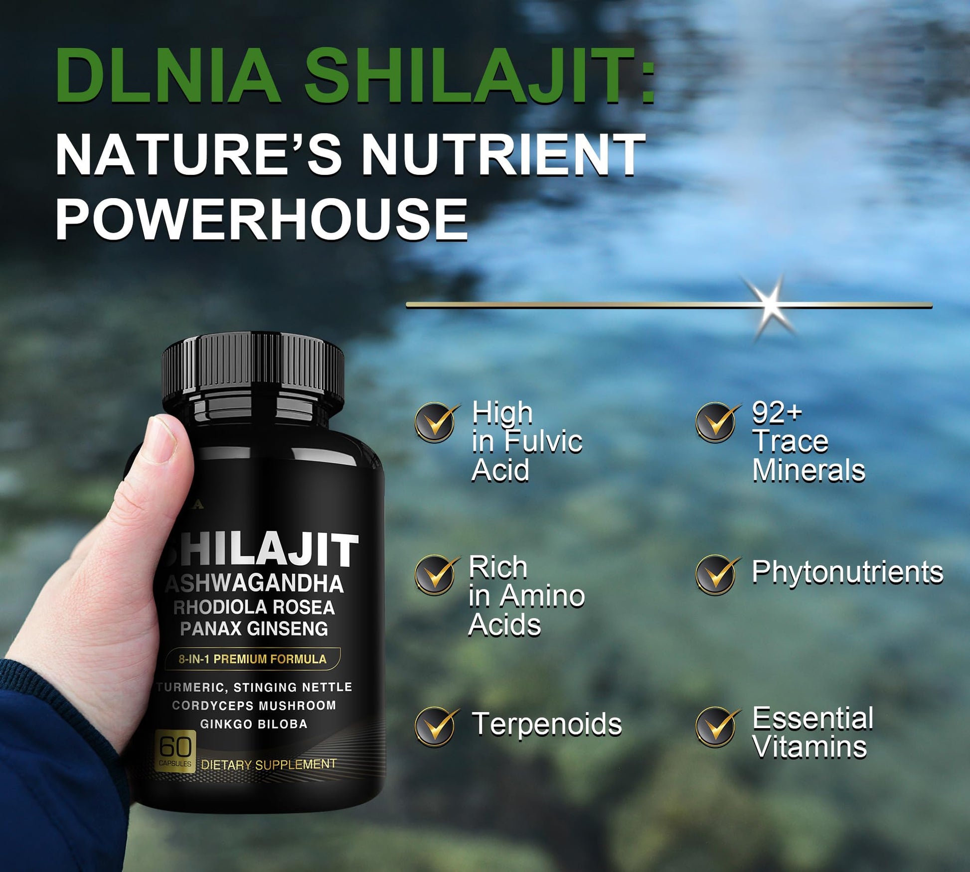 DLNIA 8-in-1 Shilajit for Men & Women with Ashwaganda Himalayan Organic Supplement with Rhodiola Rosea, Ginseng, Turmeric, Mushroom, for Immune Support, Energy, Calm, Focus, Clarity, Sleep, Cortisol DLNIABuy Supplements Australia