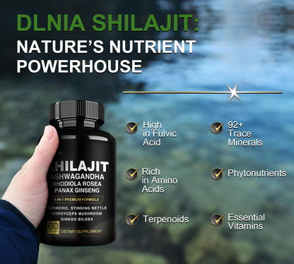 DLNIA 8-in-1 Shilajit for Men & Women with Ashwaganda Himalayan Organic Supplement with Rhodiola Rosea, Ginseng, Turmeric, Mushroom, for Immune Support, Energy, Calm, Focus, Clarity, Sleep, Cortisol DLNIABuy Supplements Australia