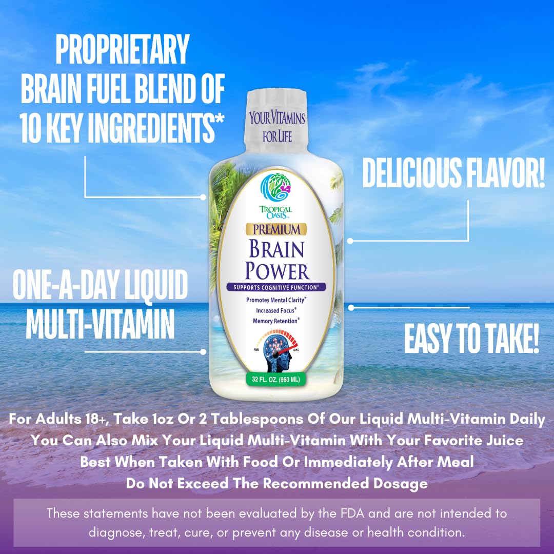 Tropical Oasis - Brain Power | Liquid Nootropic Supplement - Promotes Mental Clarity, Focus, and Memory Retention (Unflavored, 32 Servings) Tropical OasisBuy Supplements Australia