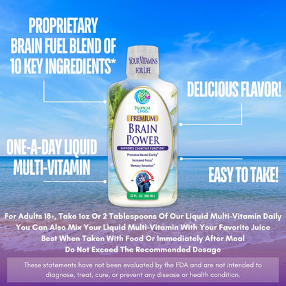 Tropical Oasis - Brain Power | Liquid Nootropic Supplement - Promotes Mental Clarity, Focus, and Memory Retention (Unflavored, 32 Servings) Tropical OasisBuy Supplements Australia