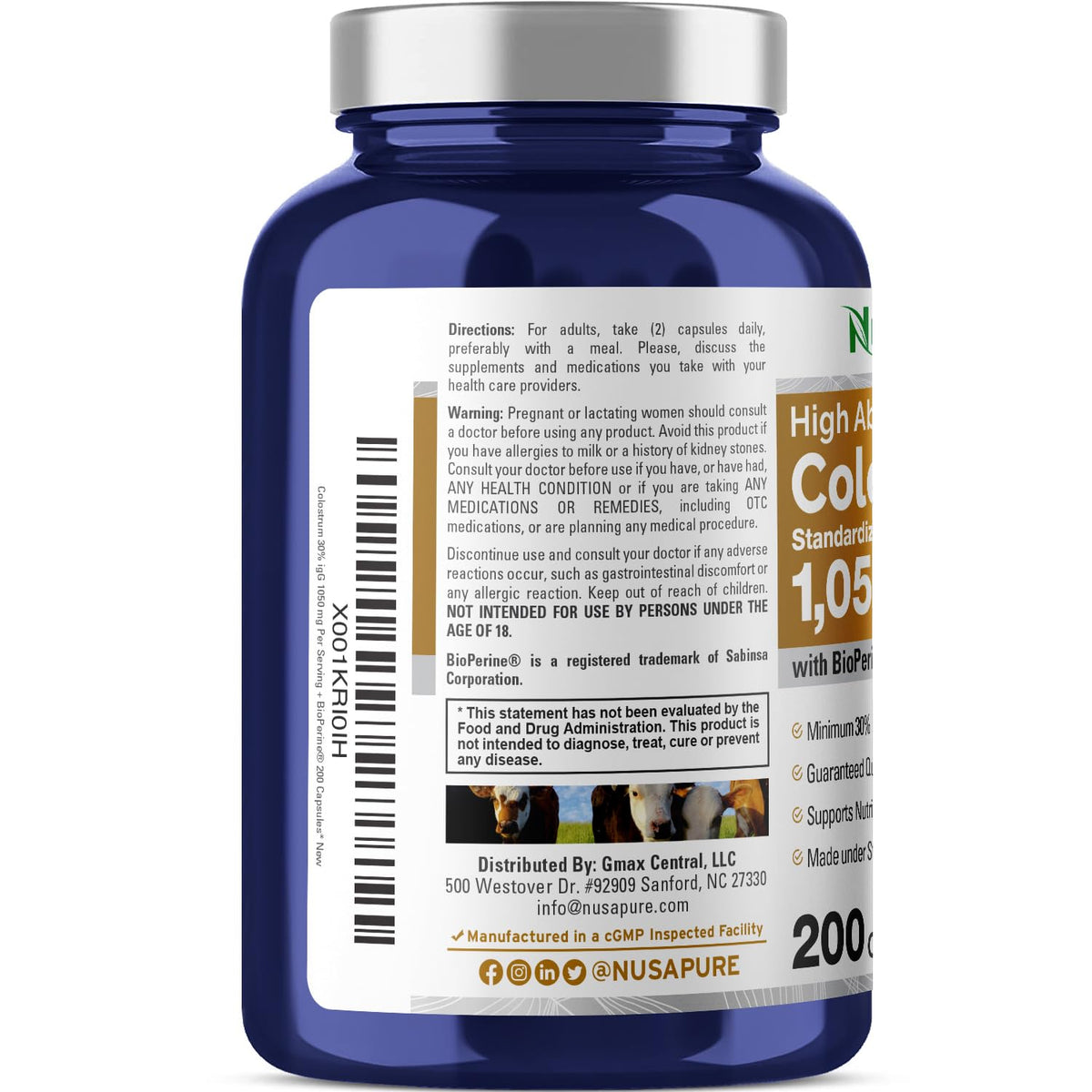 NusaPure Colostrum 1050mg 30% IgG 200 capsules (Non-GMO, Soyfree) Bioperine NusaPureBuy Supplements Australia