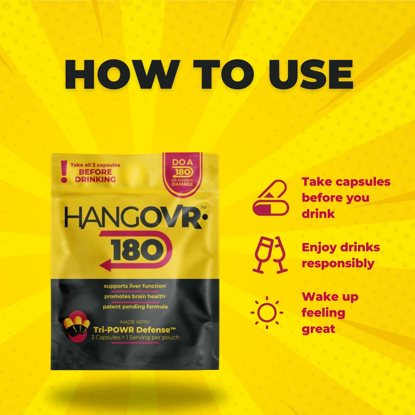 Hangovr 180 Tri-Power Before Drinking Defense 8 Pack - Support Liver & Brain Health, Feel Fresher & Better Energy - - Take Before Drinking for Relief, 3 Capsules per Pouch HANGOVR-180Buy Supplements Australia