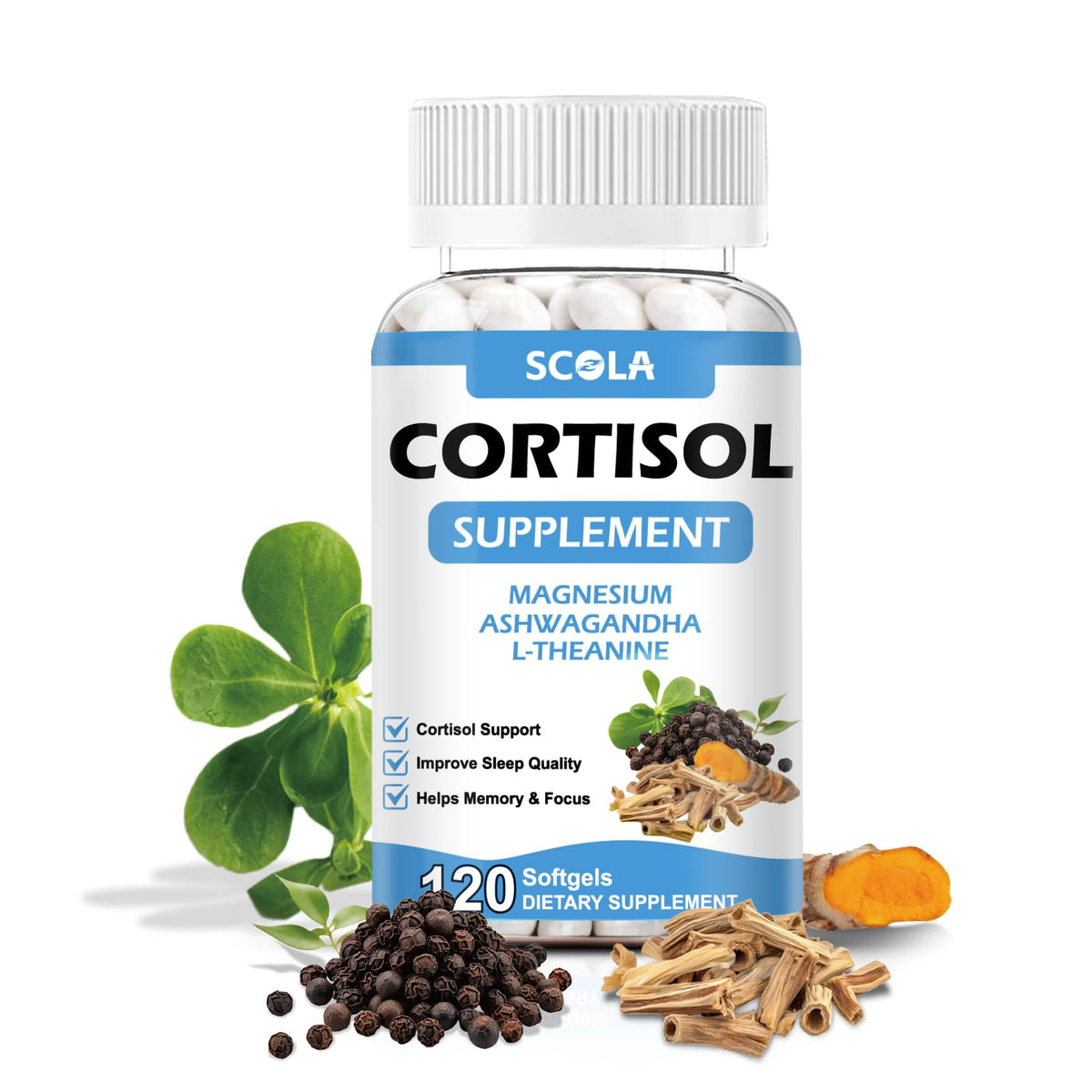 SCOLA Cortisol Supplement for Women and Men with Magnesium, Ashwagandha/L-Theanine, Cortisol Detox Manager, Cortisol Reducer Supports Relaxation & Calm, Mood, Sleep, 120 Count SCOLABuy Supplements Australia