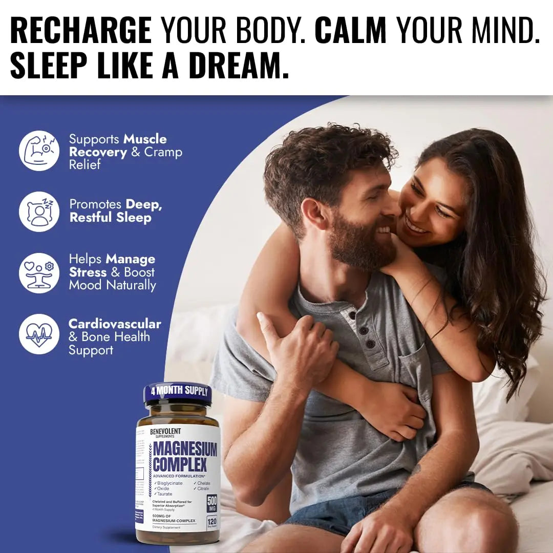 Magnesium Complex Supplement, 4 Month Supply of 500mg 5-in-1 Bisglycinate, Oxide, Taurate, Aspartate, Citrate, Max Absorption Magnesium Supplement for Calm, Sleep & Leg Cramps, 120 Capsule Benevolent Nourishment buy supplements Au
