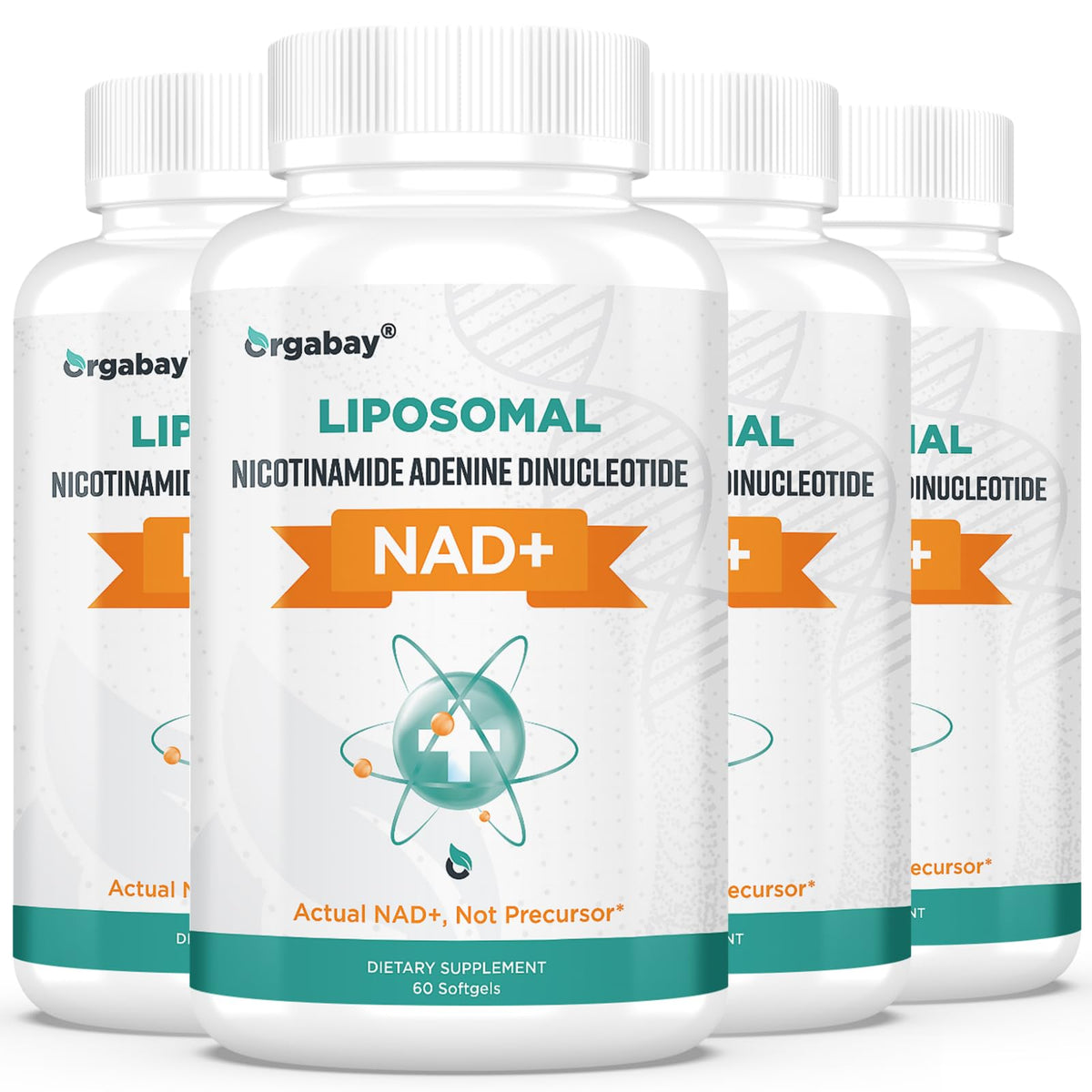 Four bottles of Orgabay LIPOSOMAL NAD+ dietary supplement on a white background