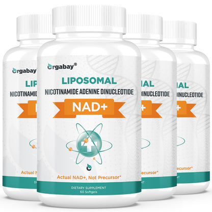 Four bottles of Orgabay LIPOSOMAL NAD+ dietary supplement on a white background