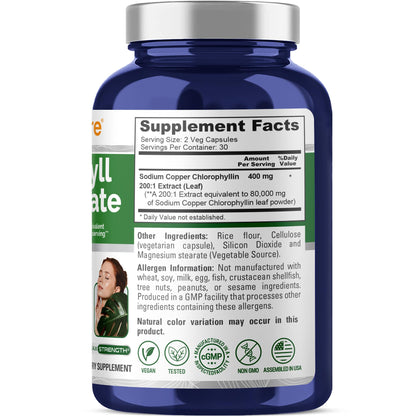 NusaPure Chlorophyll 200:1 Extract, 400 mg Equivalent to 80,000mg 60 Veggie Caps (Equivalent 80000mg per Serving, Non-GMO, Vegan) Sodium Copper Chlorophyllin NusaPureBuy Supplements Australia