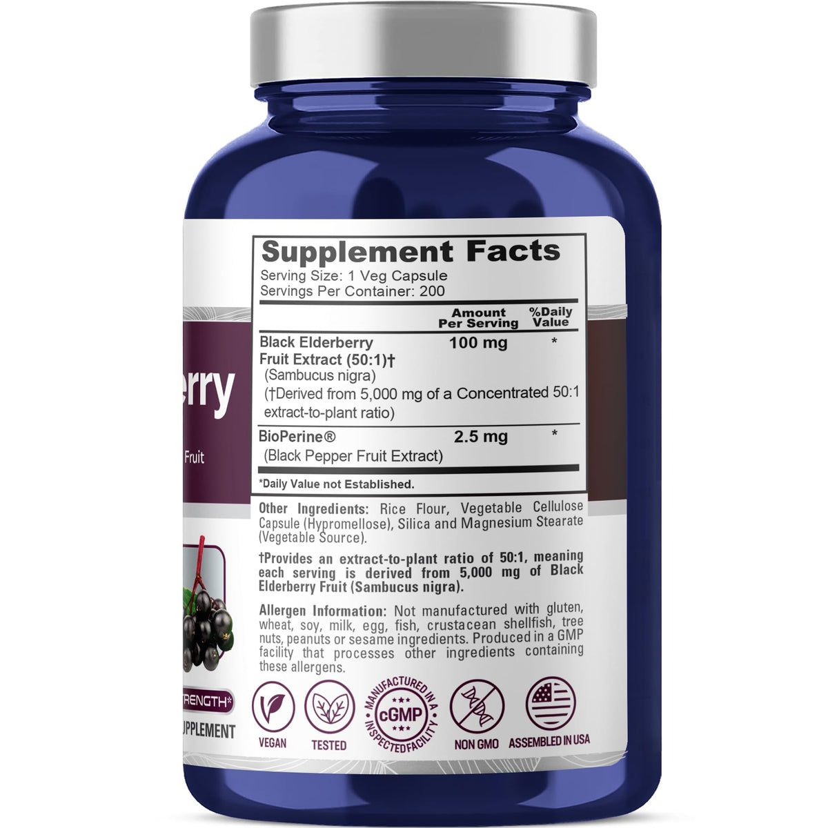 NusaPure Black Elderberry 50:1 Extract, 100 mg Equivalent to 5,000mg per Veggie Capsules, 200 Count (Vegan, Non-GMO, Bioperine) Dietary Supplement NusaPureBuy Supplements Australia