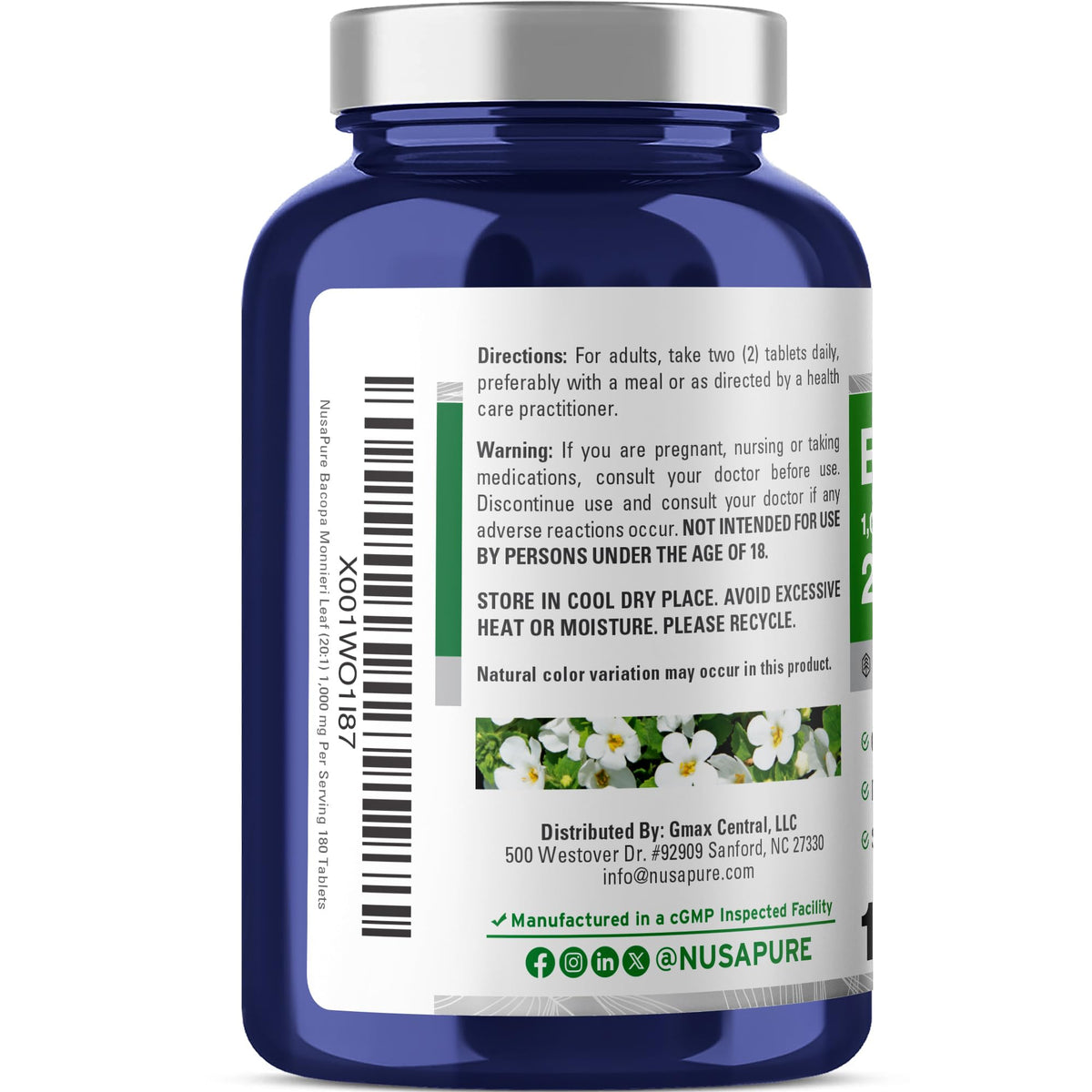 NusaPure Bacopa Leaf Monnieri Extract 20,000 mg 180 Tablets (Extract 20:1, Non-GMO, Gluten Free & Vegan) NusaPureBuy Supplements Australia