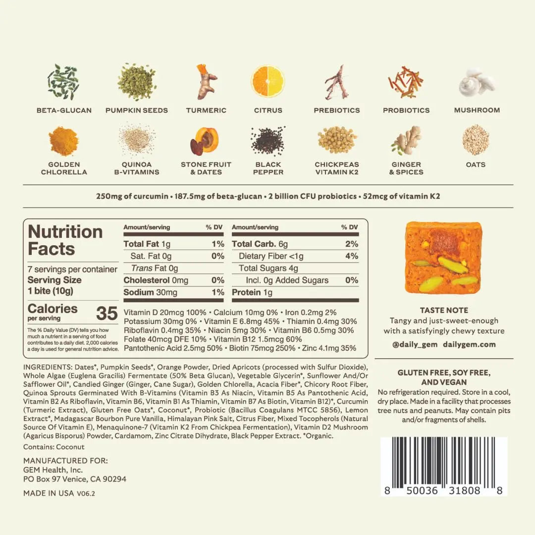 GEM Daily Bite for Women & Men, with 20+ Vitamins, Minerals & Superfoods Like Zinc, Vitamin D, B-Complex, K, Turmeric, Fiber & Prebiotics GEM