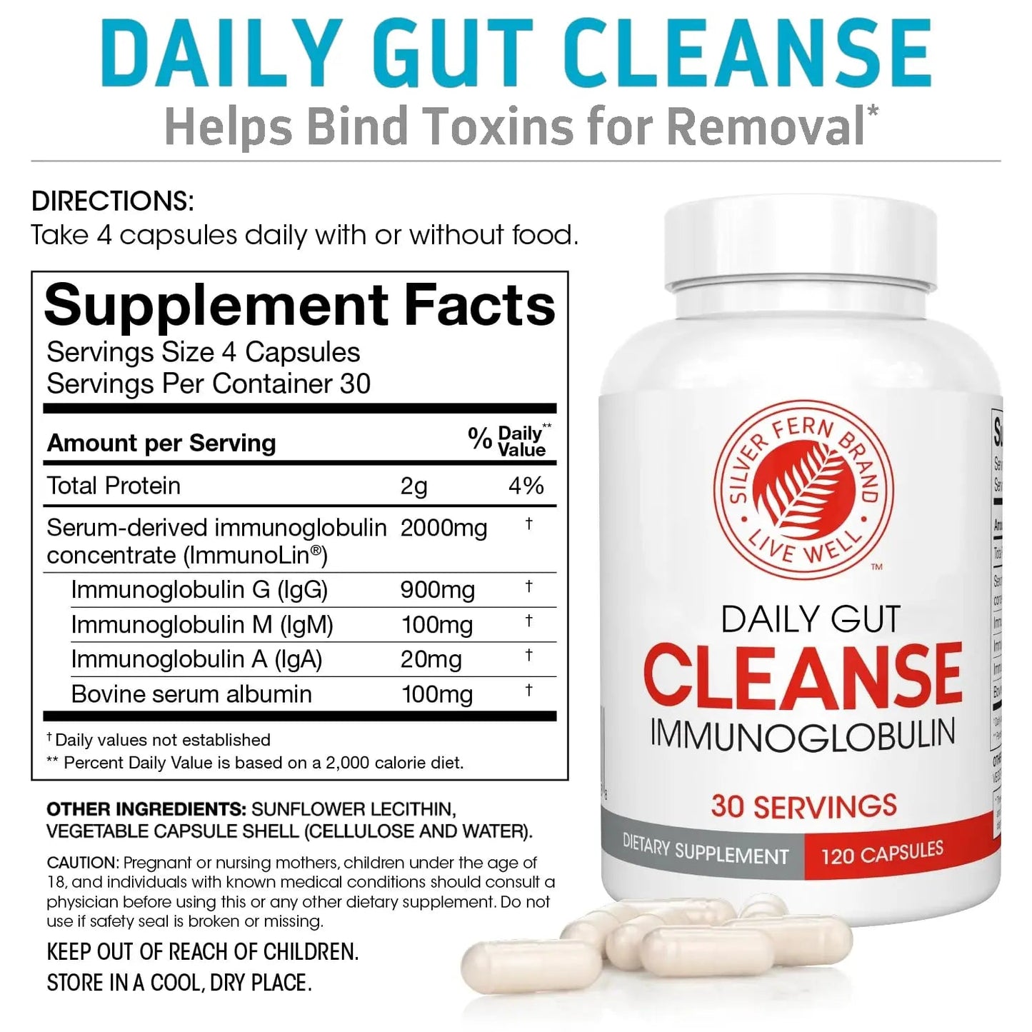 Silver Fern Cleanse - Daily Gut - 1 Bottle - 120 Capsules - 30 Day Supply - Immunoglobulin G, A & M -(IgG, IGA, IgM) - Postbiotic Silver FernBuy Supplements Australia
