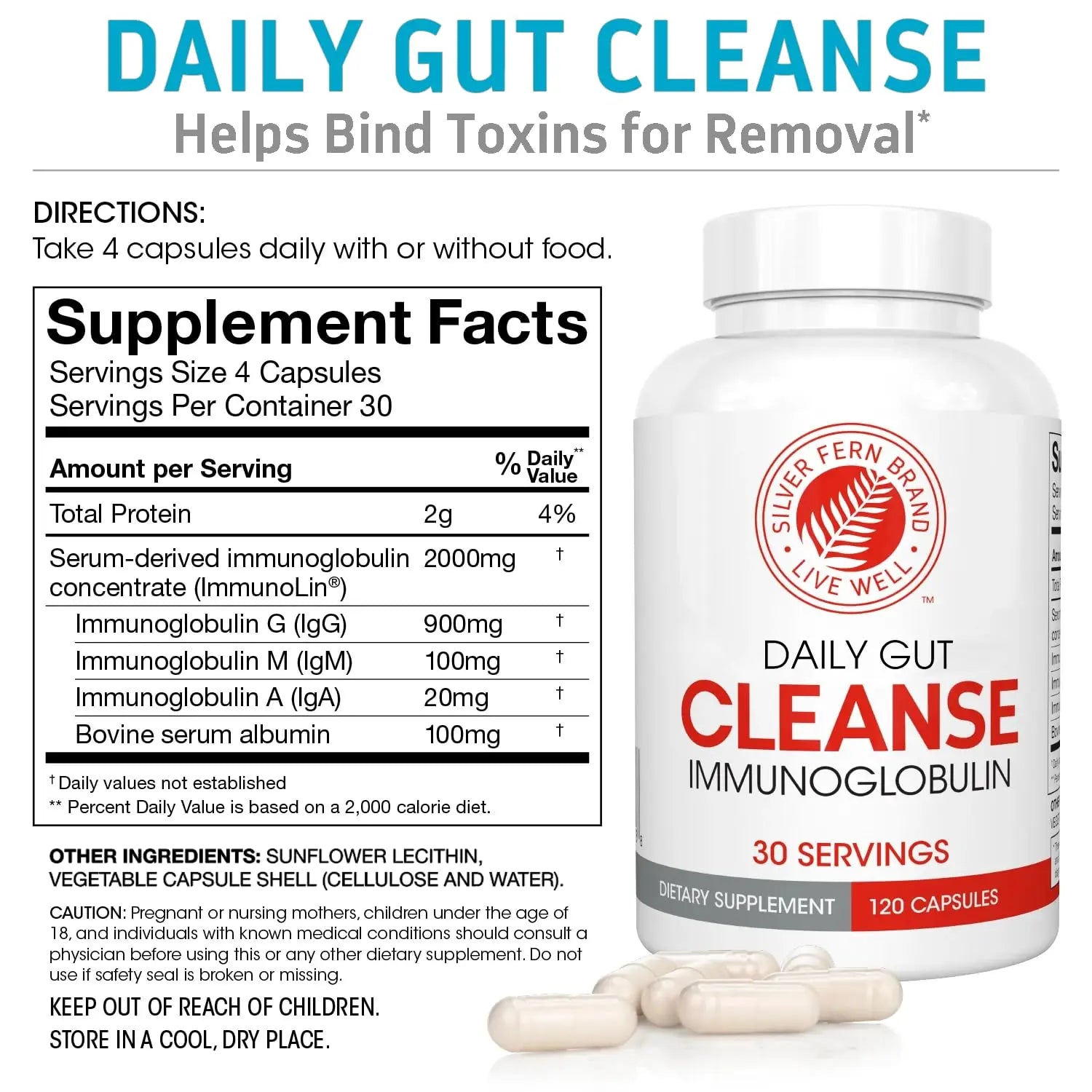 Silver Fern Cleanse - Daily Gut - 1 Bottle - 120 Capsules - 30 Day Supply - Immunoglobulin G, A & M -(IgG, IGA, IgM) - Postbiotic Silver FernBuy Supplements Australia