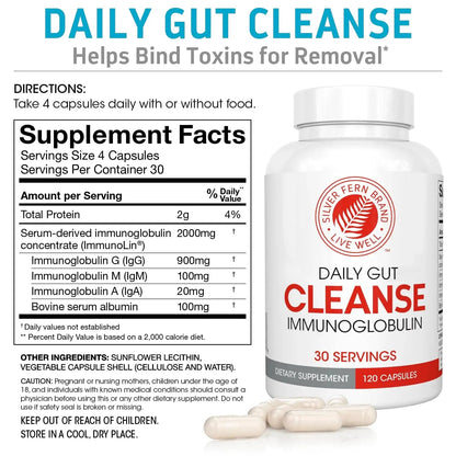 Silver Fern Cleanse - Daily Gut - 1 Bottle - 120 Capsules - 30 Day Supply - Immunoglobulin G, A & M -(IgG, IGA, IgM) - Postbiotic Silver FernBuy Supplements Australia